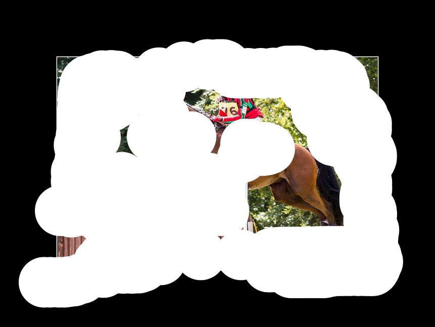 In this image I can see a person sitting on a horse and jumping through a wall. I can see a pole like an object beside it with some flowers on it. I can see trees behind. In the right bottom corner I can see some grass.